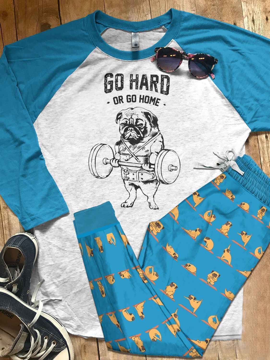 Pug Set Colors Go Hard Or Go Home Pajama Set |Sleepwear Pjs Sets | Raglan Shirt Pants Set