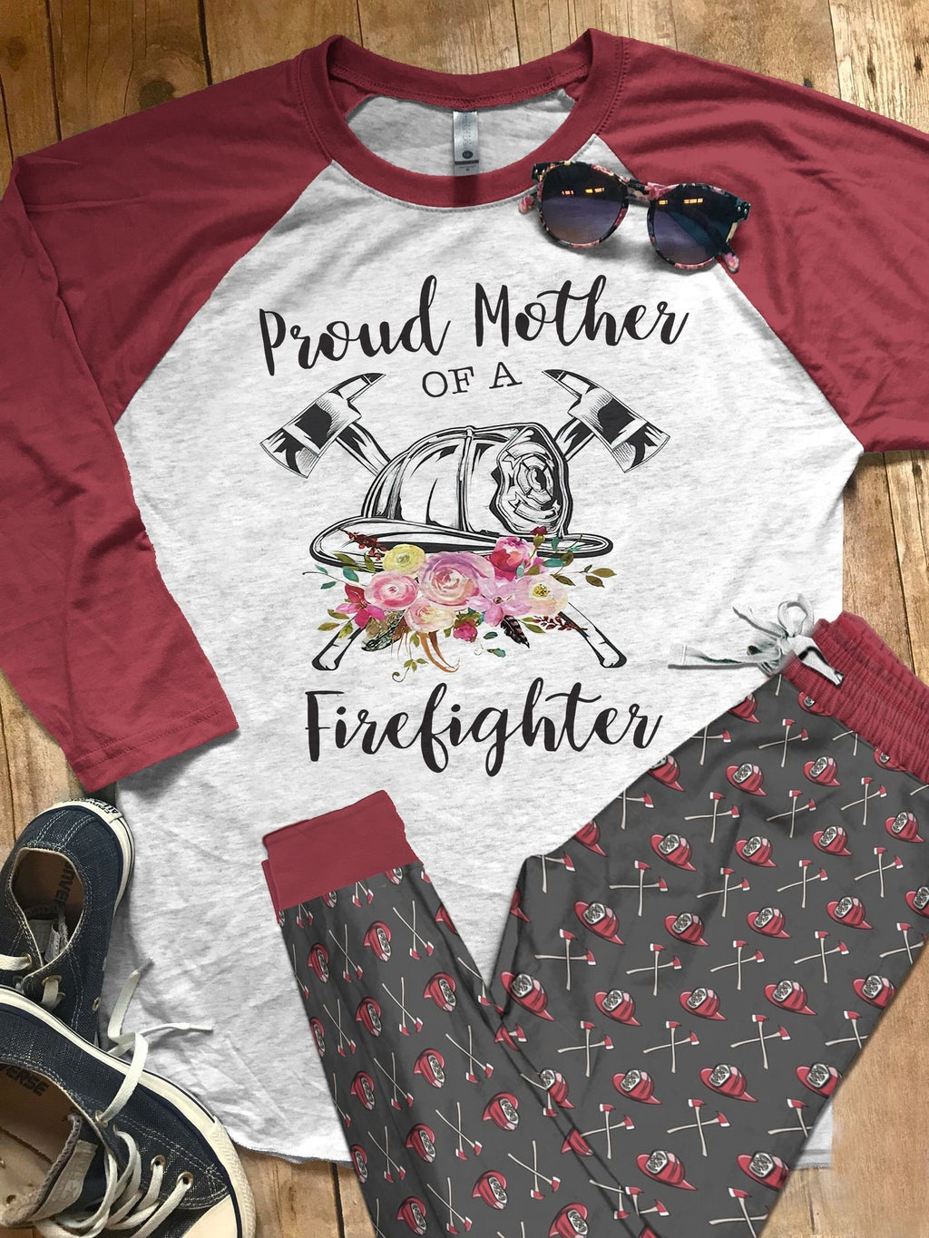 Firefighter Set Proud Mother Pajama Set |Sleepwear Pjs Sets | Raglan Shirt Pants Set