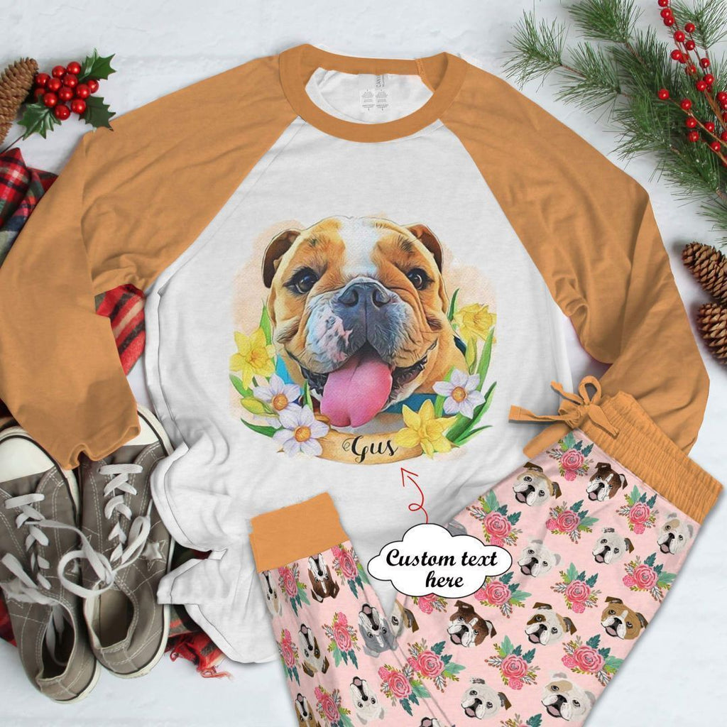 Bulldog Lovely Bull Dog Personalized Orange Best Pajama Set |Sleepwear Pjs Sets | Raglan Shirt Pants Set