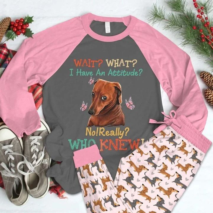 Dachshund Attitude Pink Good Pajama Set |Sleepwear Pjs Sets | Raglan Shirt Pants Set