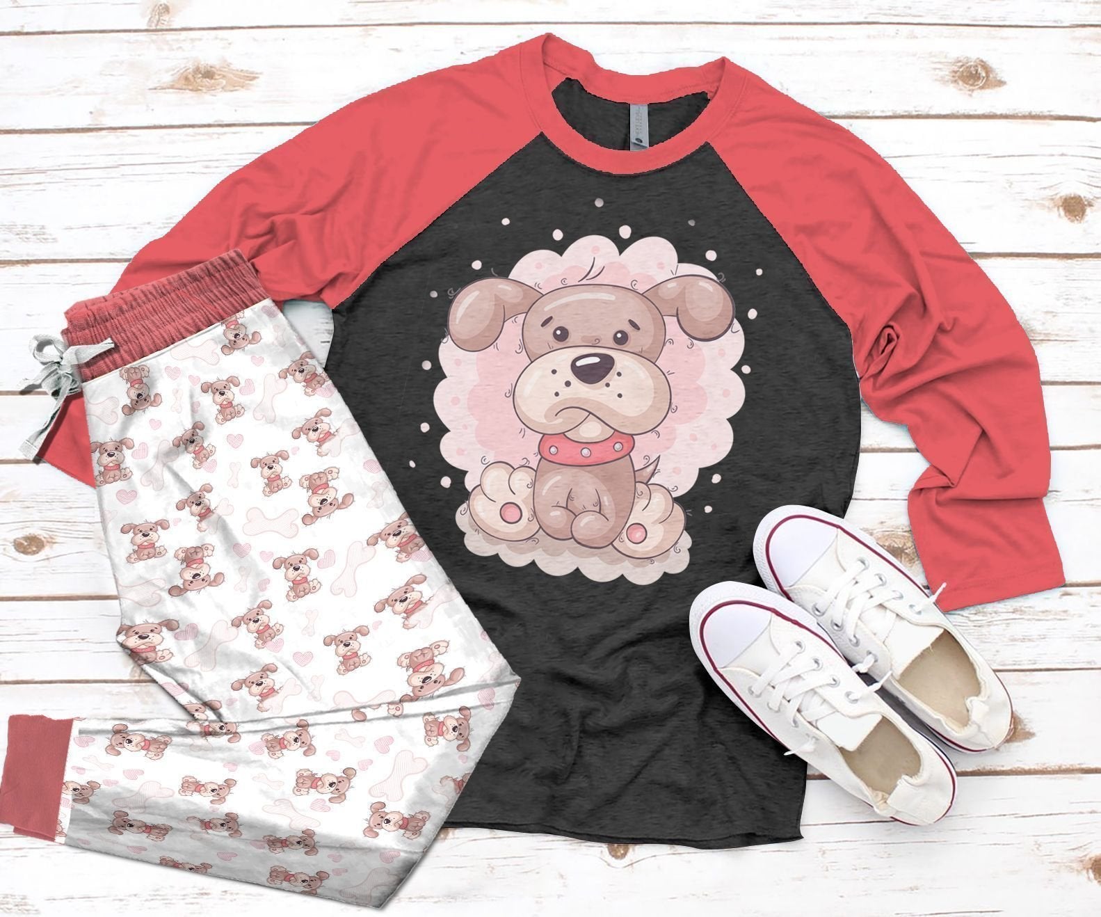 Dog Be Happy Pink Amazing Pajama Set |Sleepwear Pjs Sets | Raglan Shirt Pants Set