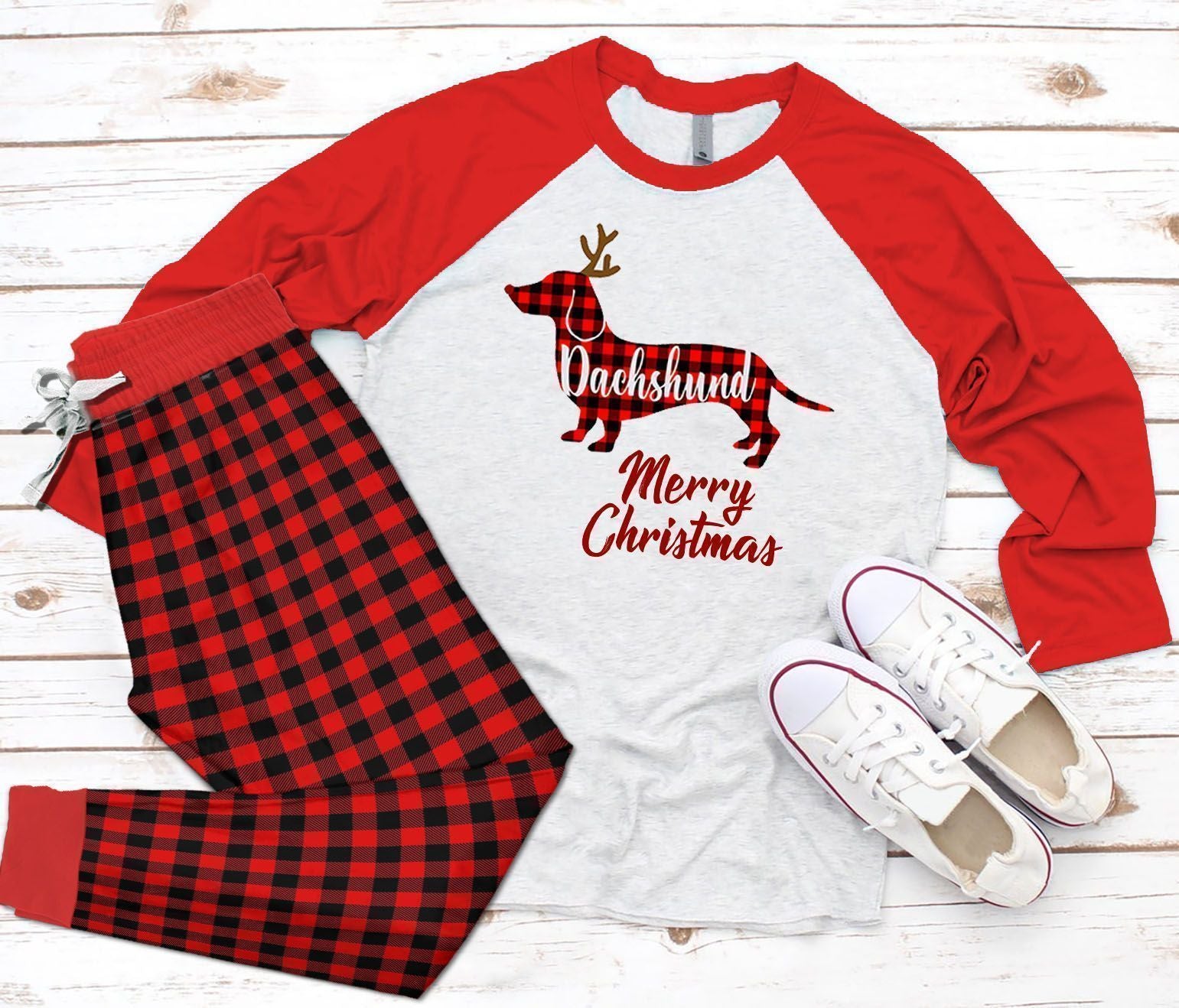 Dachshund Merry Christmas Red Unique Pajama Set |Sleepwear Pjs Sets | Raglan Shirt Pants Set